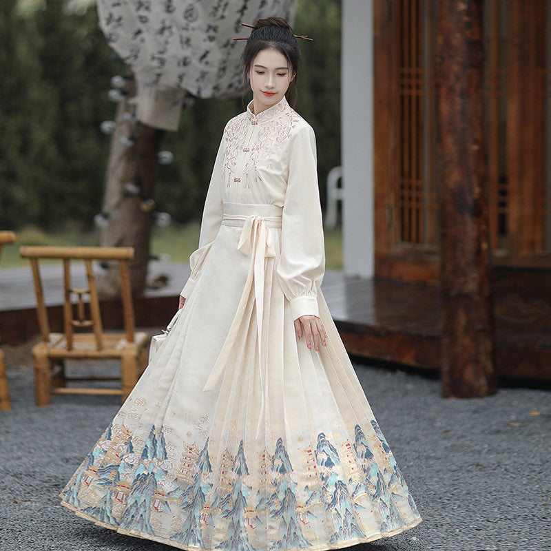 "Azure Reflections" Gold-Woven Mamian Skirt: Winter Hanfu Set