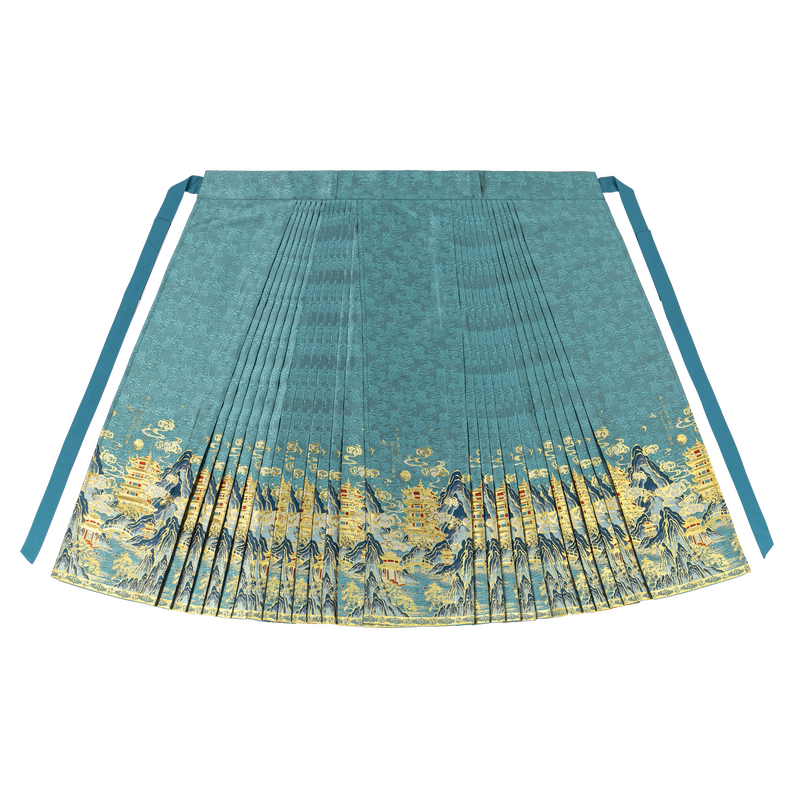 "Azure Reflections" Gold-Woven Mamian Skirt: Winter Hanfu Set