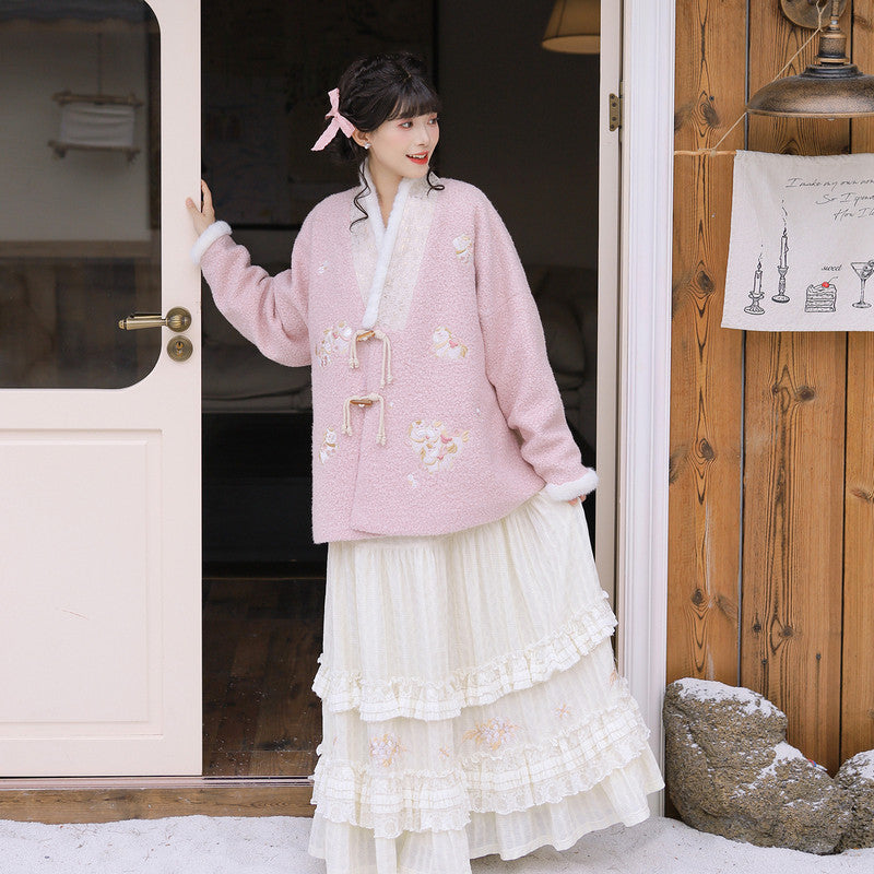 “小马麻薯”粉色毛绒汉服套装：保暖航空袖服饰 副图