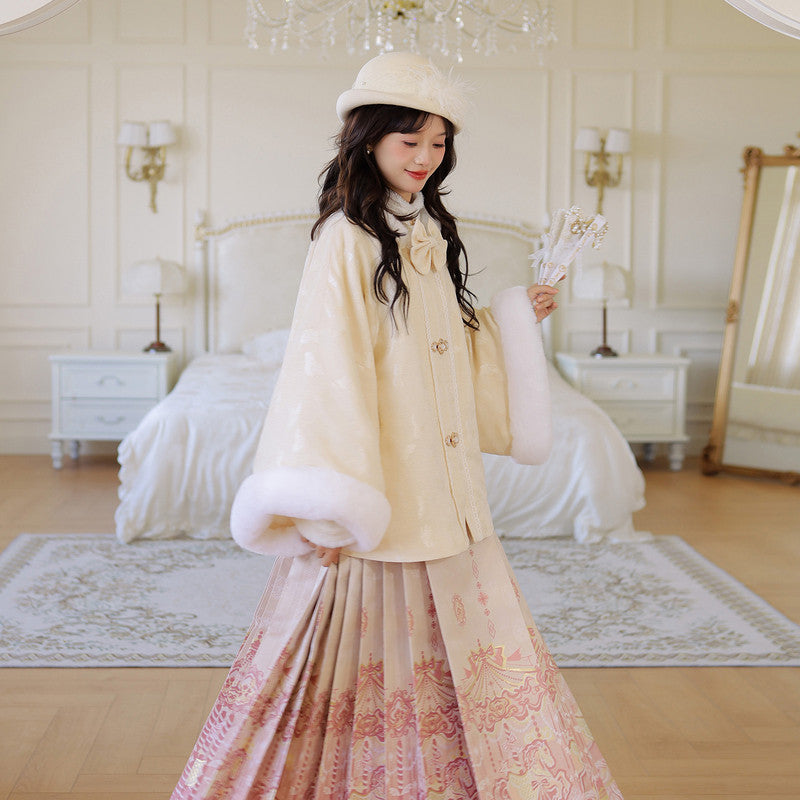 [Dream of Butterflies] Winter Warm Hanfu Set: Fleece-Lined Robe & Skirt