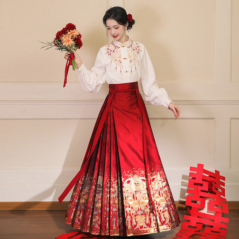 [Yin Hua Deng Yuan] Ming Dynasty Red Mamian Skirt: Wedding & Lunar New Year Hanfu