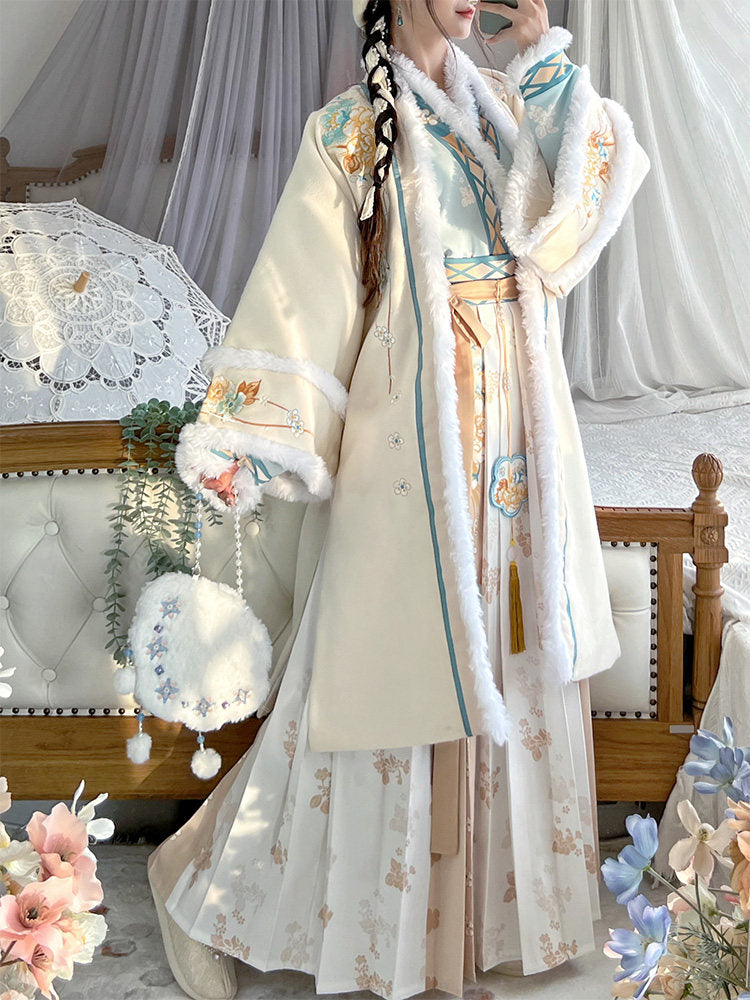 Winter Song Hanfu Set - Fleece Lined Long Ao & Pleated Skirt