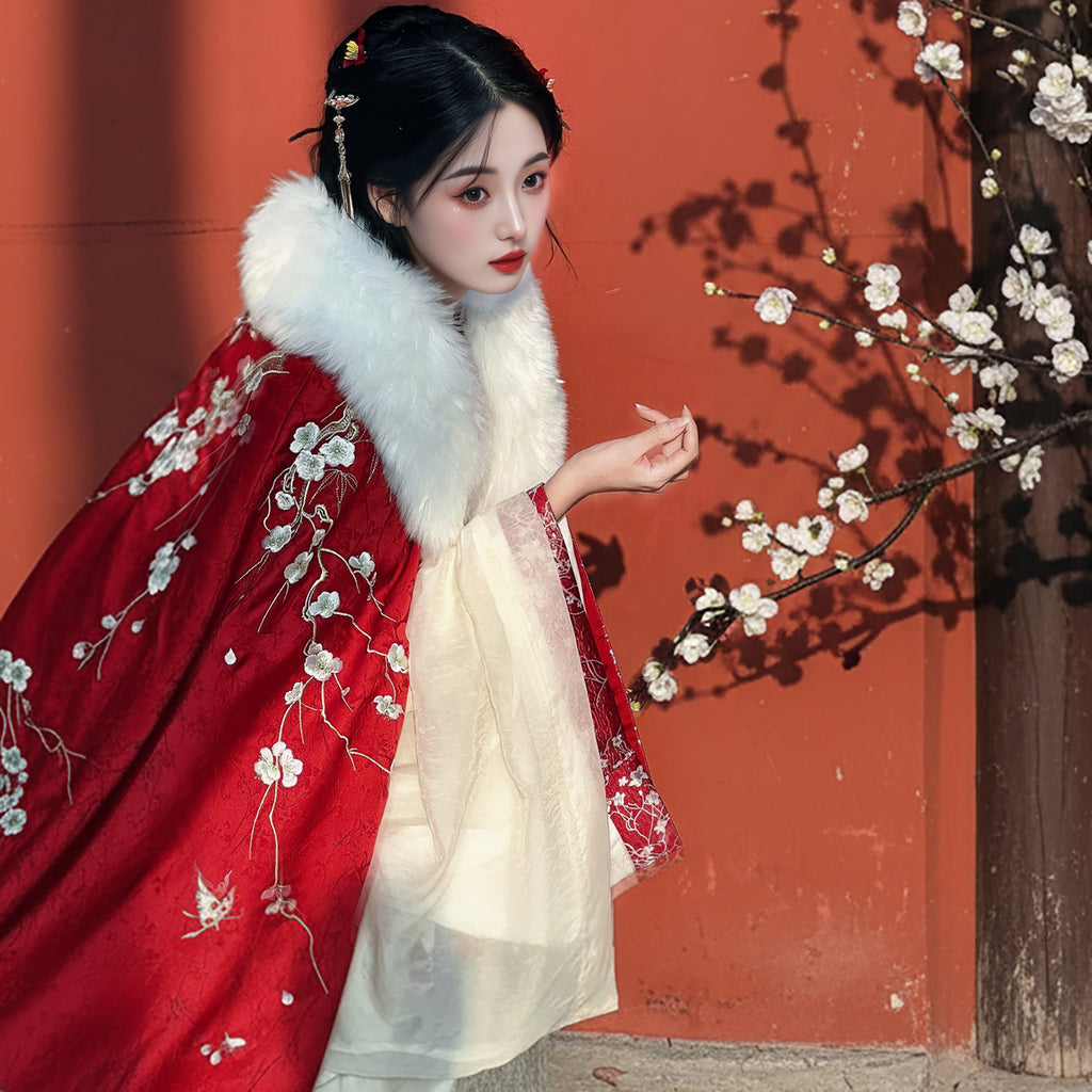 冬季汉服斗篷系列 - 加厚抓绒花卉披风