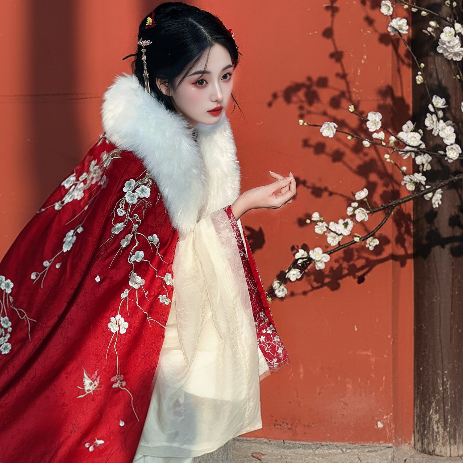冬季汉服斗篷系列 - 加厚抓绒花卉披风