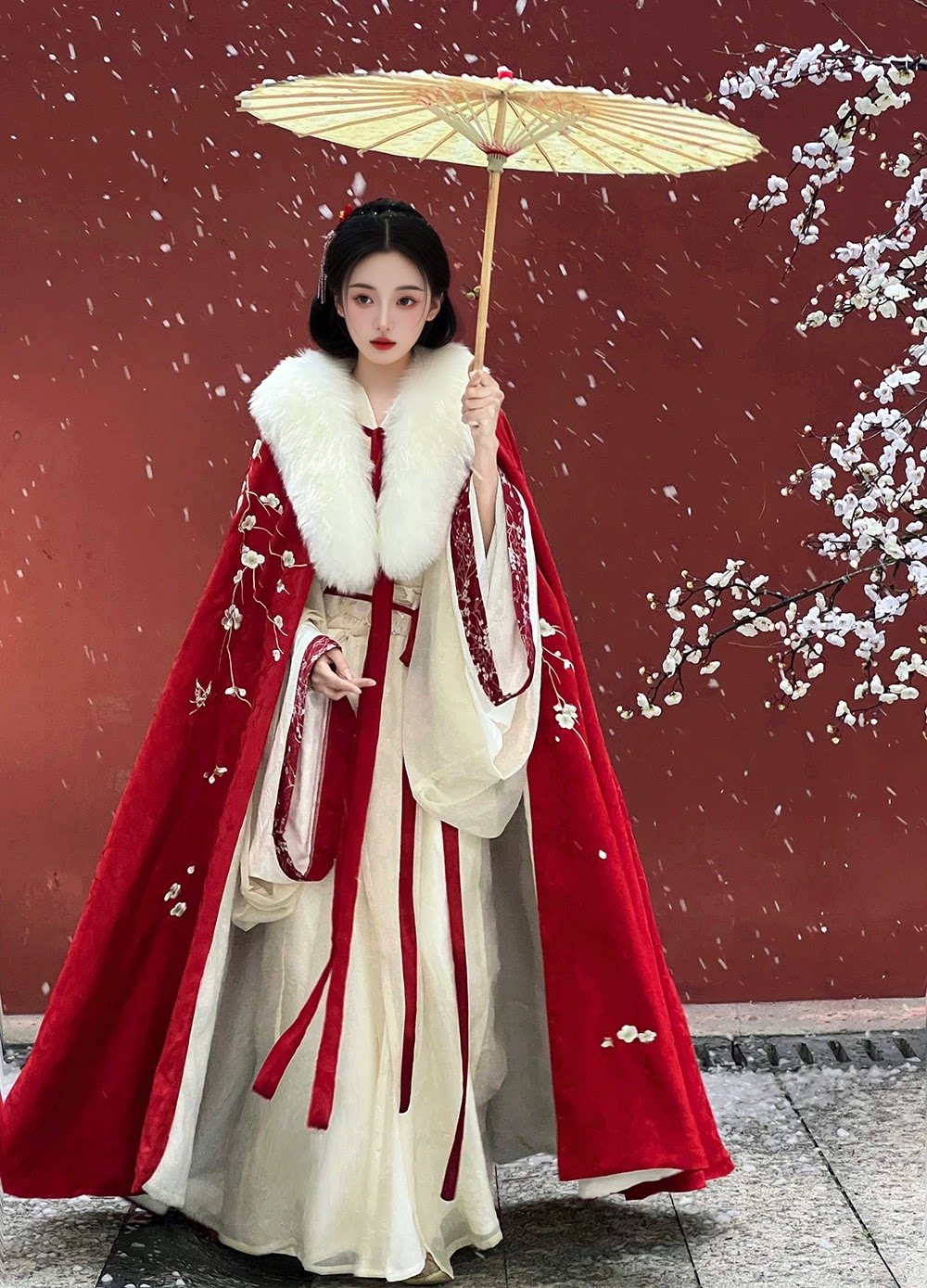 冬季汉服斗篷系列 - 加厚抓绒花卉披风