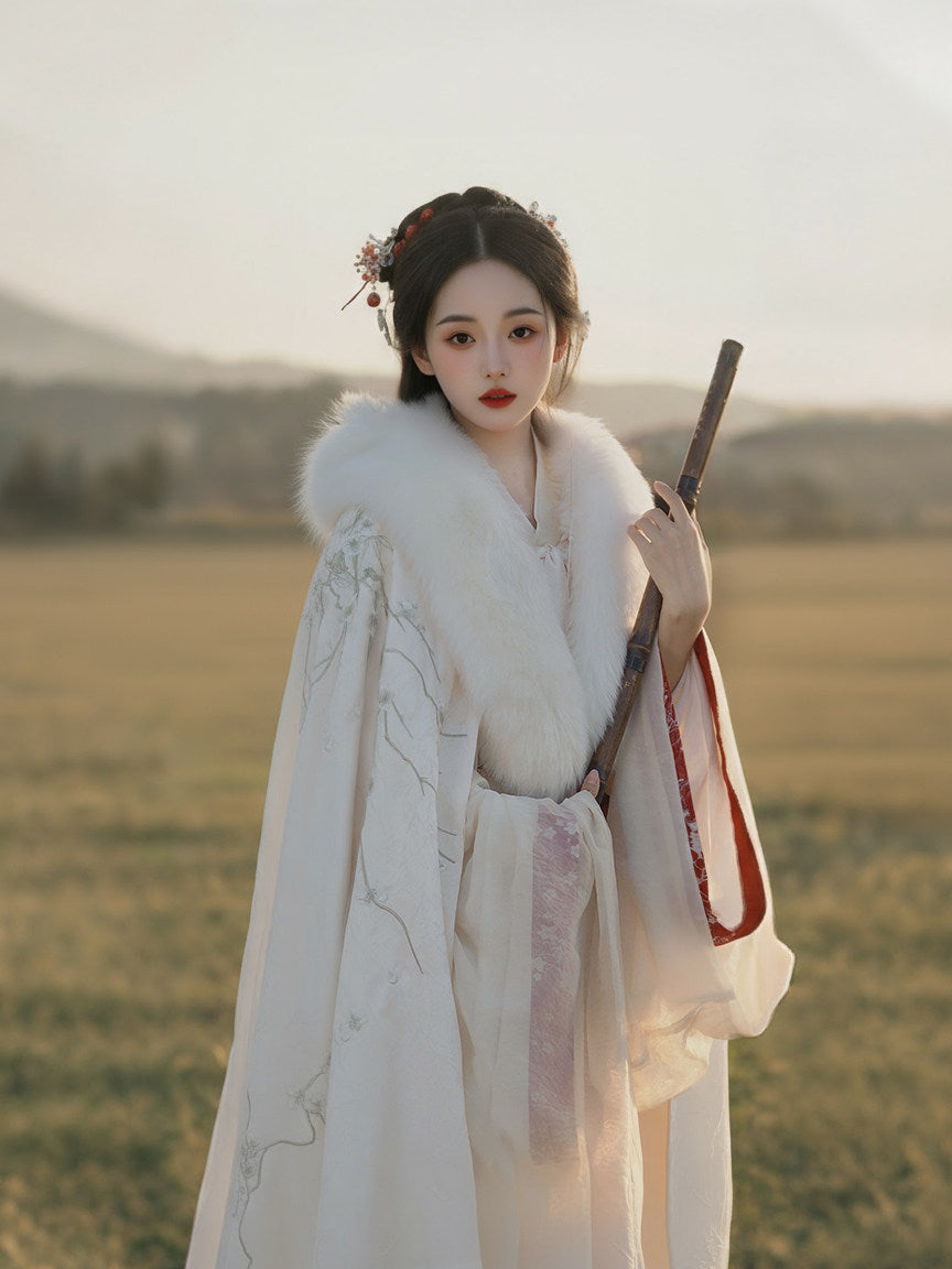 冬季汉服斗篷系列 - 加厚抓绒花卉披风