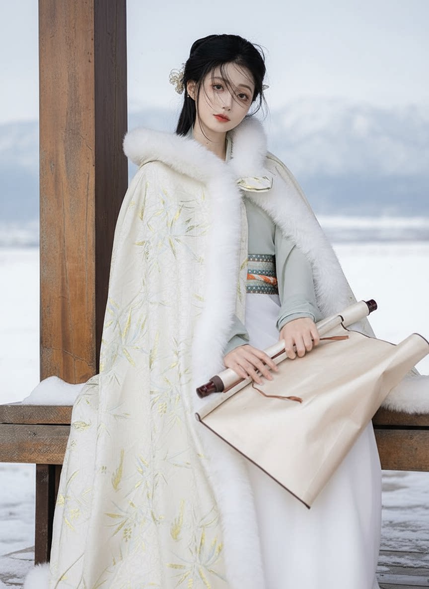 冬季汉服斗篷系列 - 加厚抓绒花卉披风