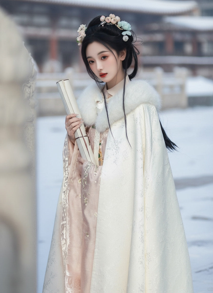 冬季汉服斗篷系列 - 加厚抓绒花卉披风