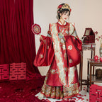 明制婚服汉服套装 - 金色织锦长袍和马面裙