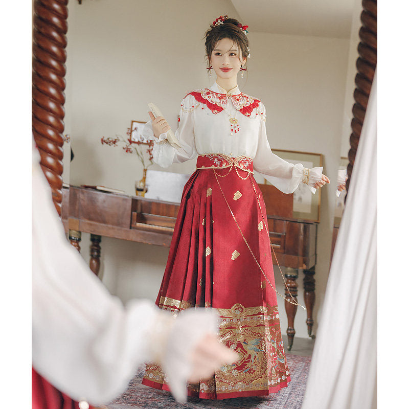 现代红色汉服套装 - 云肩上衣 & 马面裙