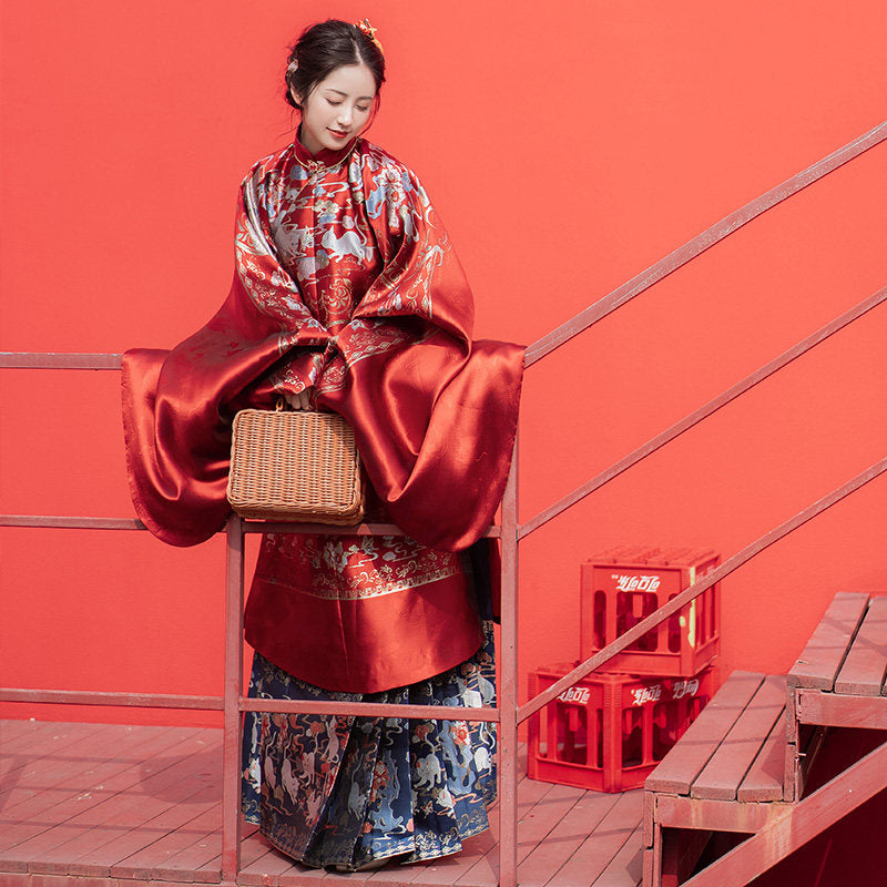 Ming Dynasty Bridal Hanfu Set - Long Ao & Red Mamian Skirt