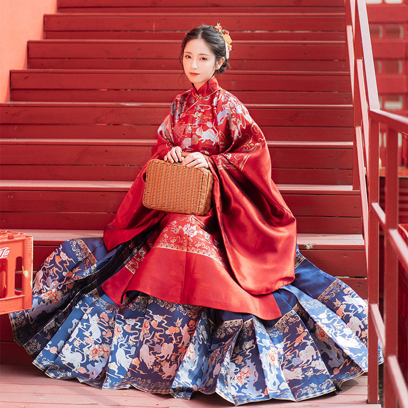 Ming Dynasty Bridal Hanfu Set - Long Ao & Red Mamian Skirt