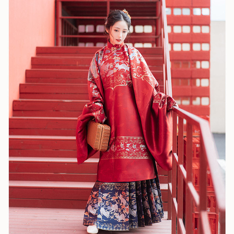 Ming Dynasty Bridal Hanfu Set - Long Ao & Red Mamian Skirt