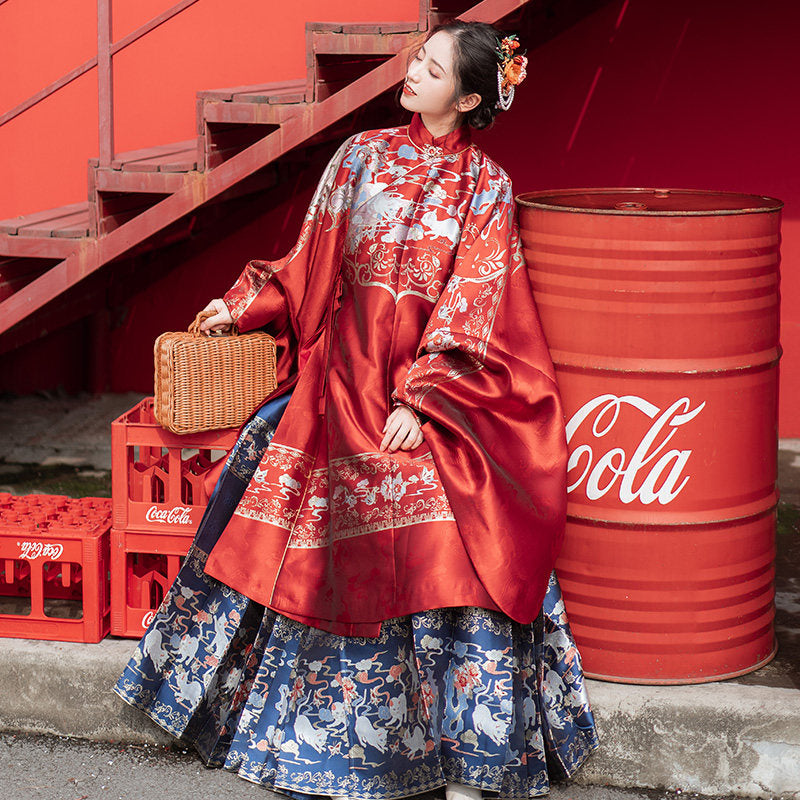 Ming Dynasty Bridal Hanfu Set - Long Ao & Red Mamian Skirt