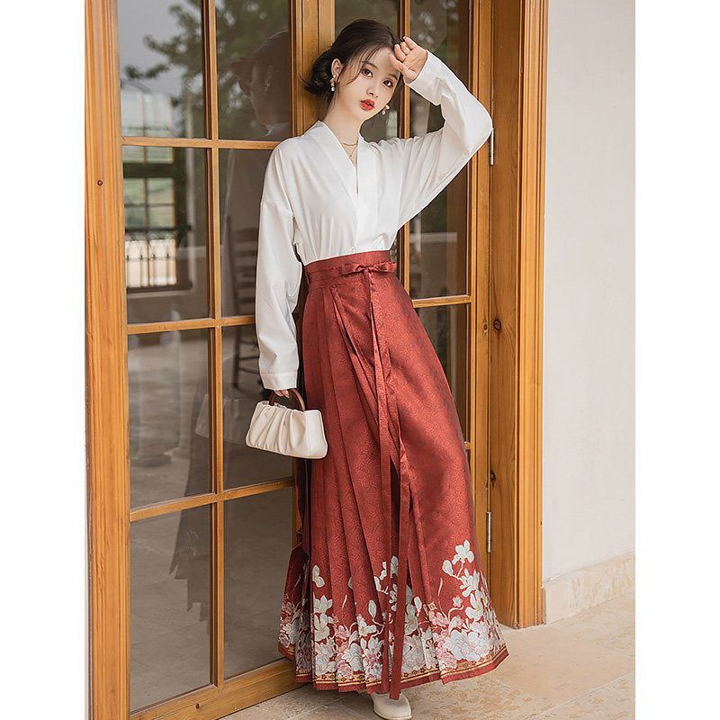 Red Ming Dynasty Hanfu Set - Original Mamian Skirt & Top