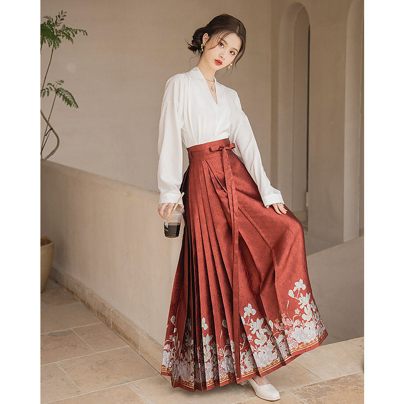 Red Ming Dynasty Hanfu Set - Original Mamian Skirt & Top