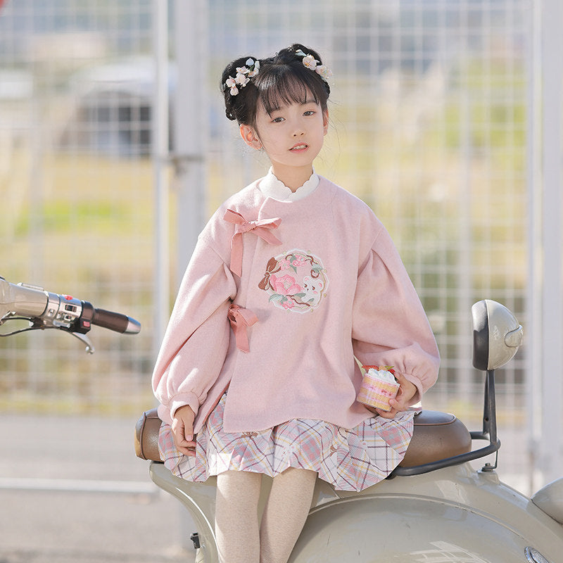 Beary Flower Cake Girls' Guofeng Woolen Jacket & Skirt Set