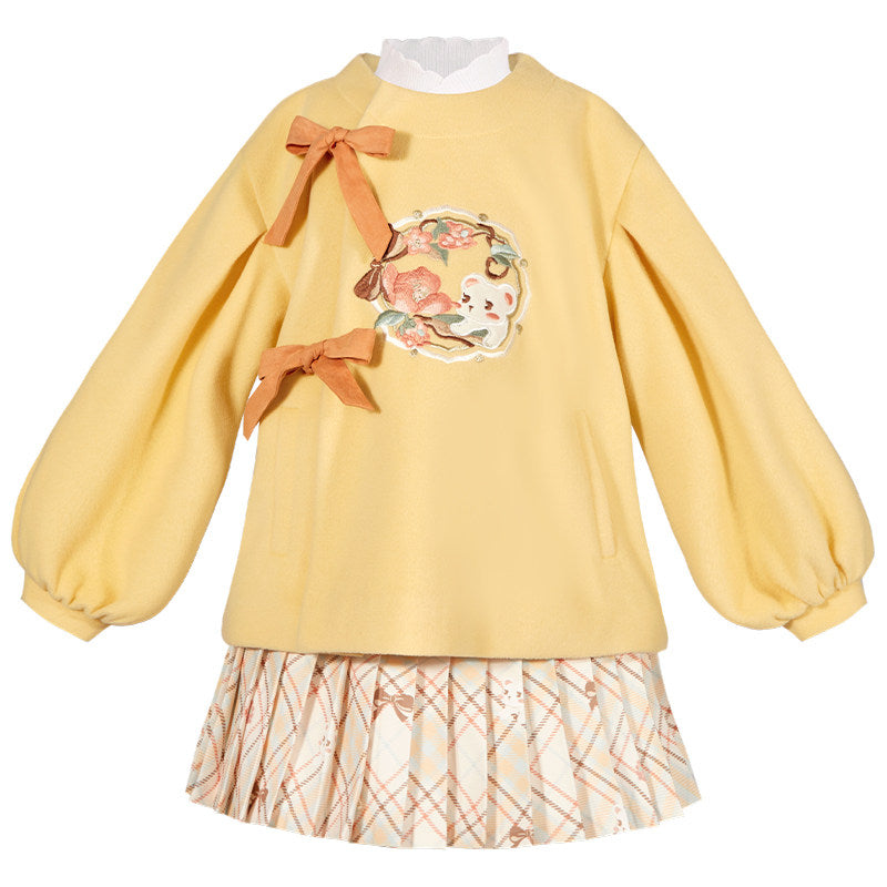 Beary Flower Cake Girls' Guofeng Woolen Jacket & Skirt Set