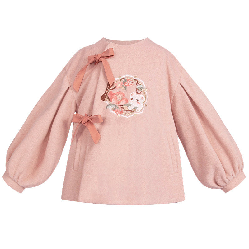 Beary Flower Cake Girls' Guofeng Woolen Jacket & Skirt Set