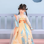 Girls' Floral Hanfu Dress - Double Bow Chest-High Spring Set