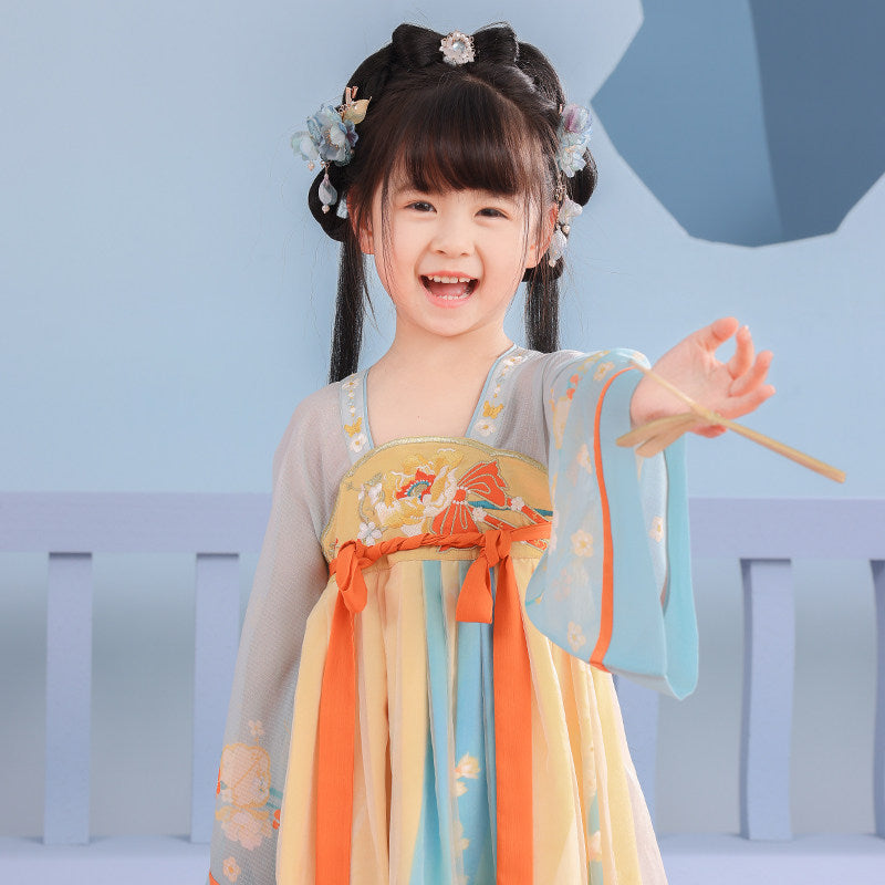 Girls' Floral Hanfu Dress - Double Bow Chest-High Spring Set