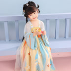 Girls' Floral Hanfu Dress - Double Bow Chest-High Spring Set