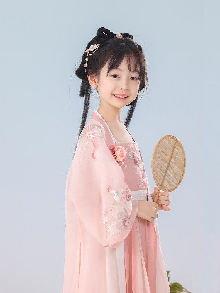 Sakura Fan Girls' Guofeng Set | Double-Layer Embroidered Dress