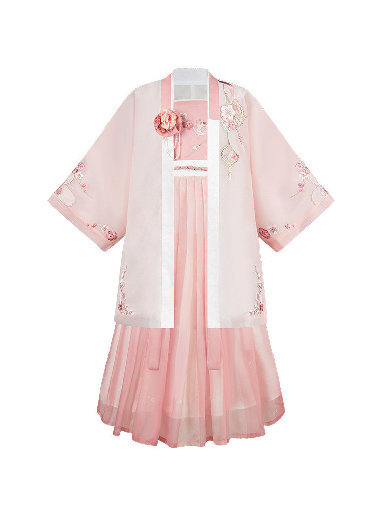Sakura Fan Girls' Guofeng Set | Double-Layer Embroidered Dress