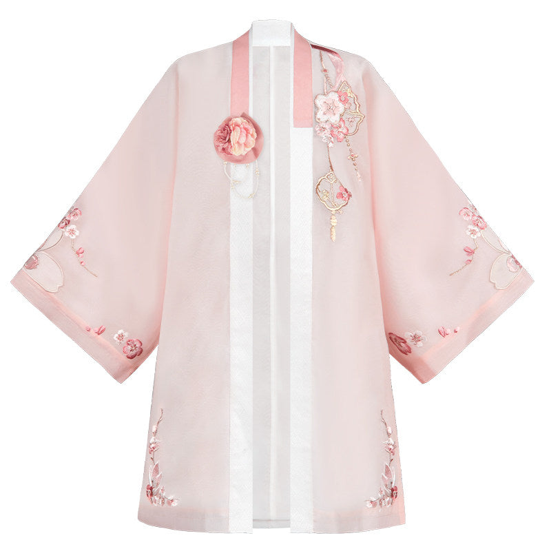 Sakura Fan Girls' Guofeng Set | Double-Layer Embroidered Dress