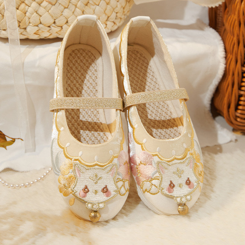 Girls Embroidered Hanfu Shoes - Cat Bell Traditional Style