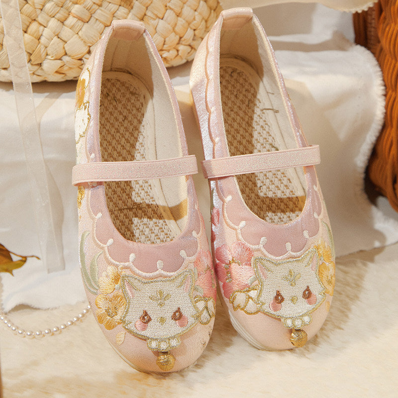 Girls Embroidered Hanfu Shoes - Cat Bell Traditional Style