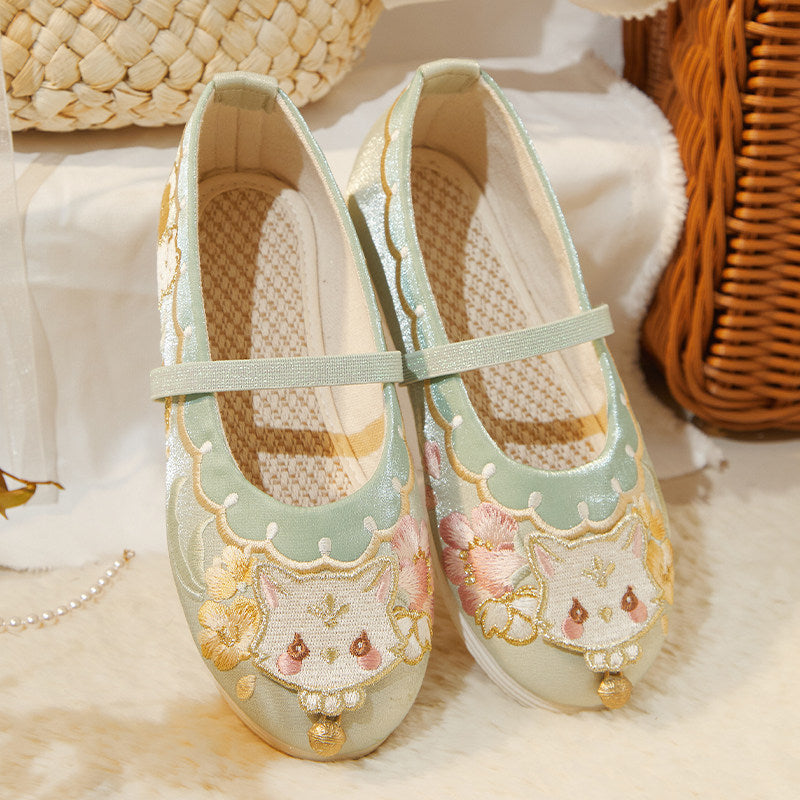 Girls Embroidered Hanfu Shoes - Cat Bell Traditional Style