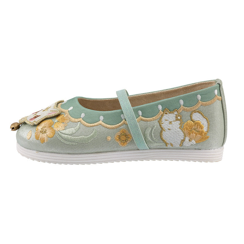 Girls Embroidered Hanfu Shoes - Cat Bell Traditional Style