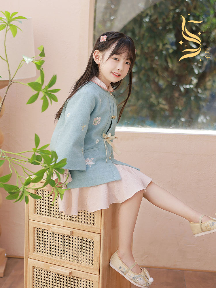 Girls' Embroidered Hanfu Set - Floral Jacket & Winter Dress
