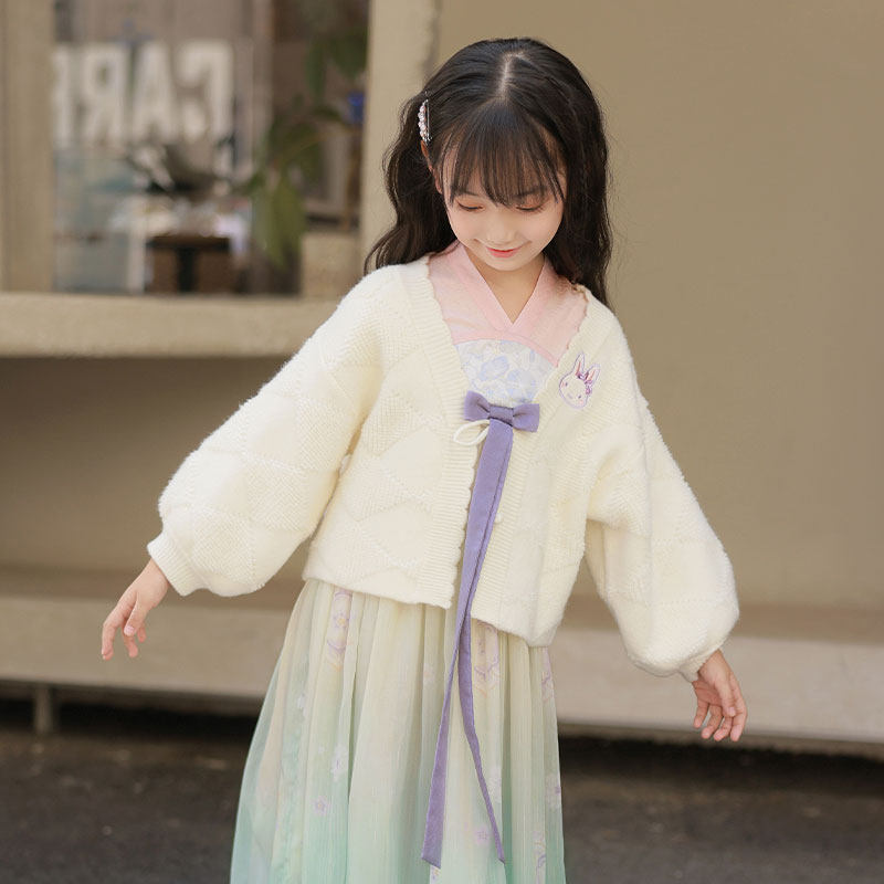 女童刺绣汉服开衫 - 冬季保暖针织衫