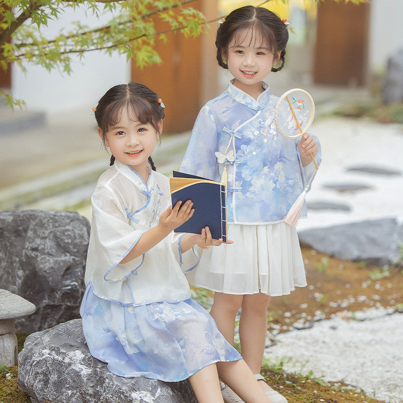Morning Mist Girls' Guofeng Summer Set | Cool 2-Piece Top & Skirt Main image