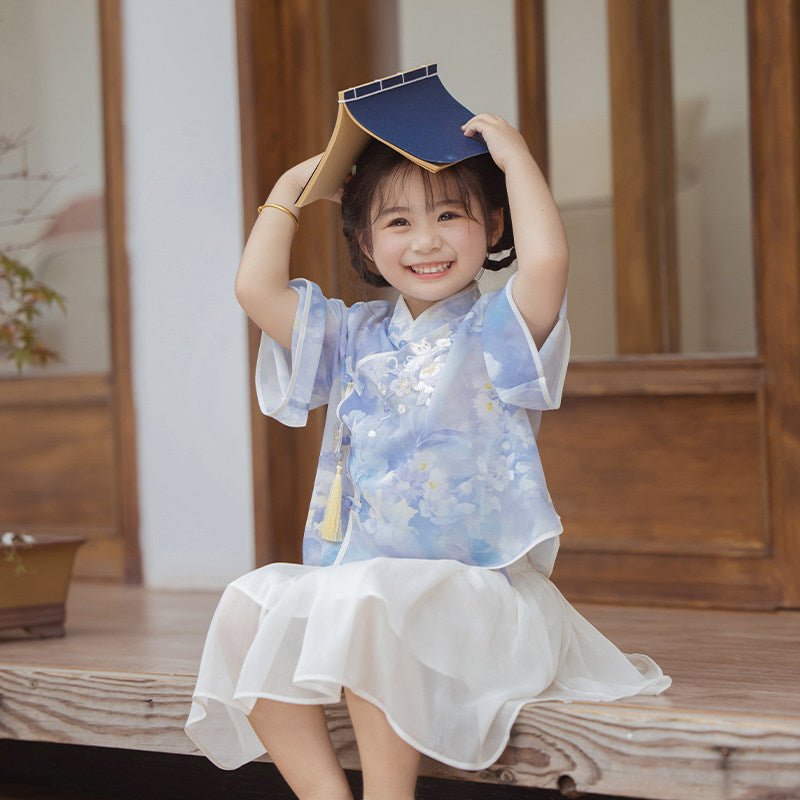 Morning Mist Girls' Guofeng Summer Set | Cool 2-Piece Top & Skirt