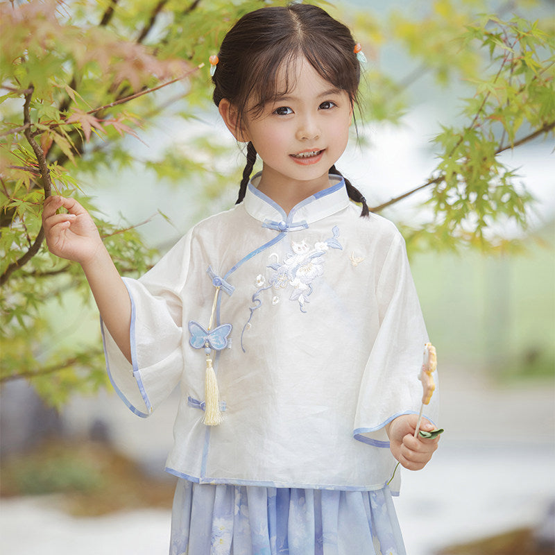 Morning Mist Girls' Guofeng Summer Set | Cool 2-Piece Top & Skirt