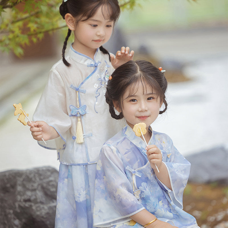 Morning Mist Girls' Guofeng Summer Set | Cool 2-Piece Top & Skirt