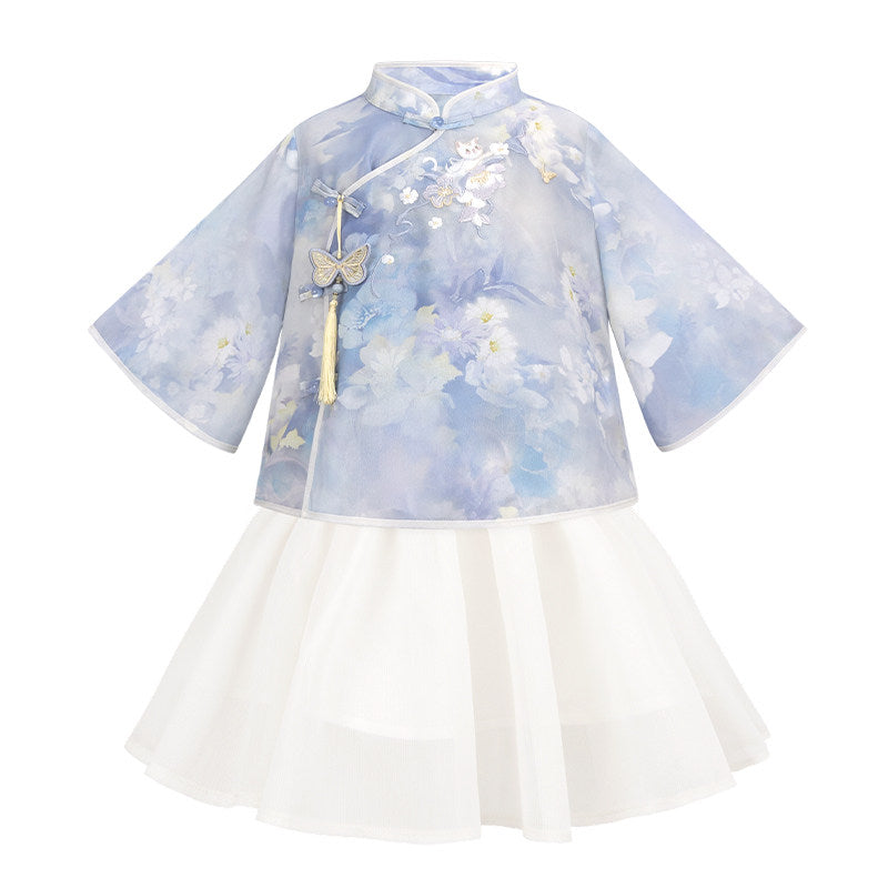 Morning Mist Girls' Guofeng Summer Set | Cool 2-Piece Top & Skirt