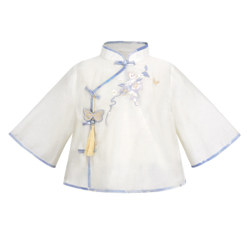 Morning Mist Girls' Guofeng Summer Set | Cool 2-Piece Top & Skirt