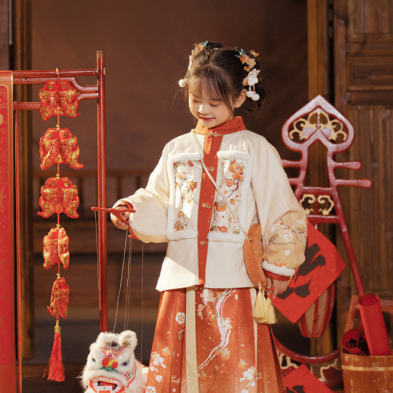 Girls' Lunar New Year Guofeng Set | Red 3-Piece Top Skirt Bag