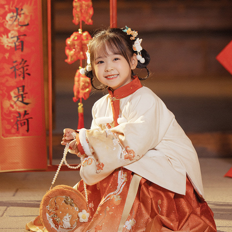 Girls' Lunar New Year Guofeng Set | Red 3-Piece Top Skirt Bag