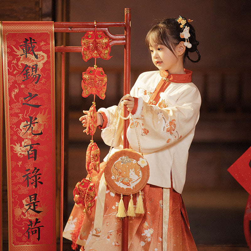 Girls' Lunar New Year Guofeng Set | Red 3-Piece Top Skirt Bag
