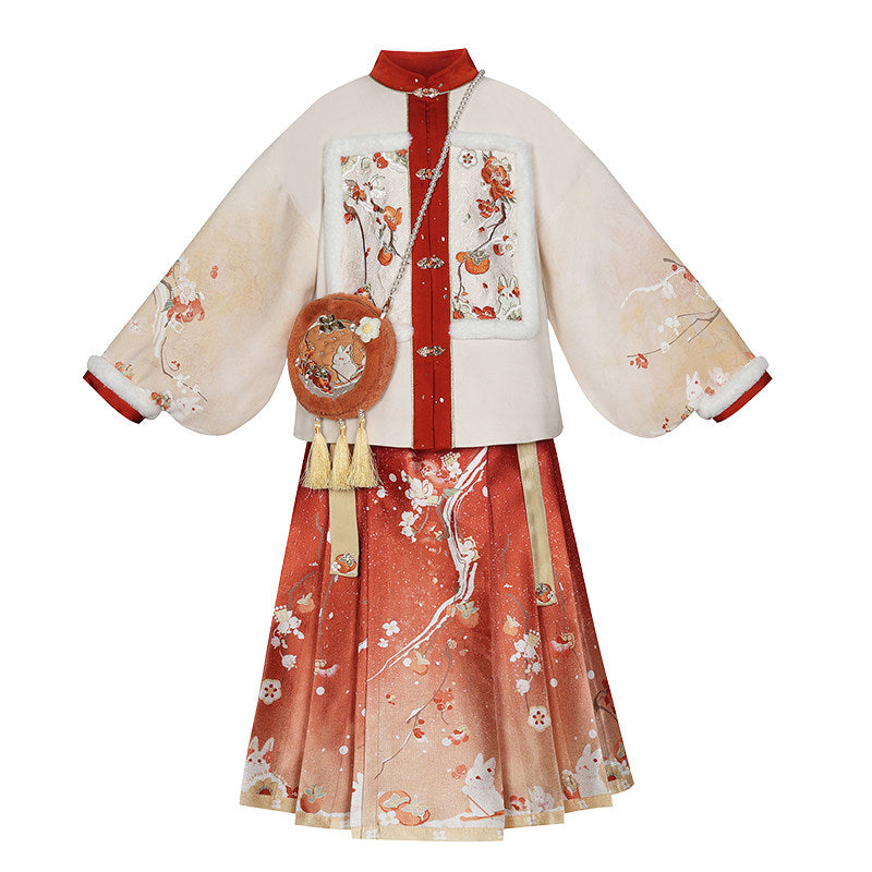 Girls' Lunar New Year Guofeng Set | Red 3-Piece Top Skirt Bag