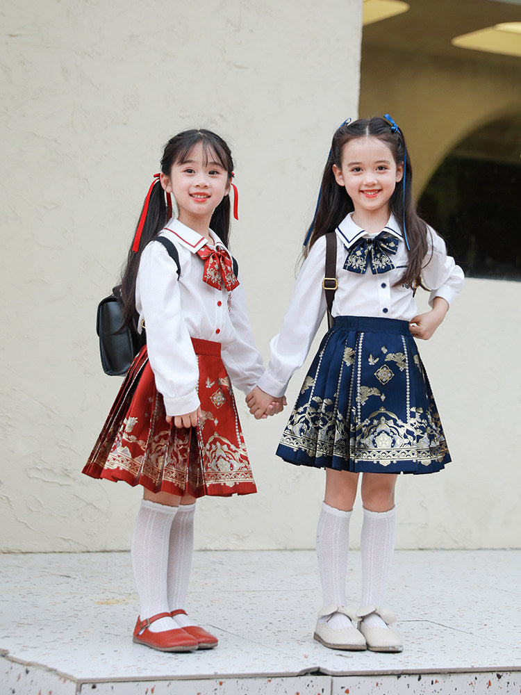 女童学院风汉服套装 - 金织马面裙 & 短上衣