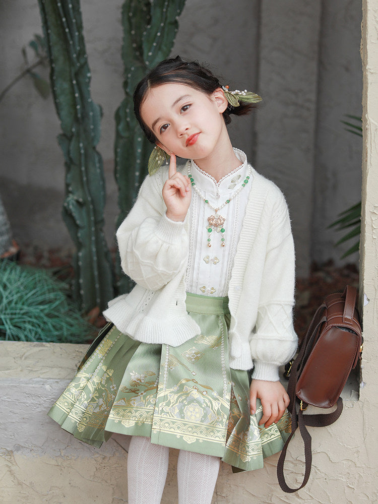 女童学院风汉服套装 - 金织马面裙 & 短上衣