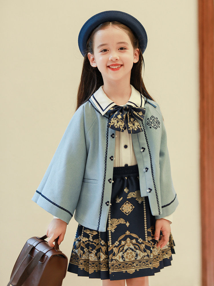 女童学院风汉服套装 - 金织马面裙 & 短上衣