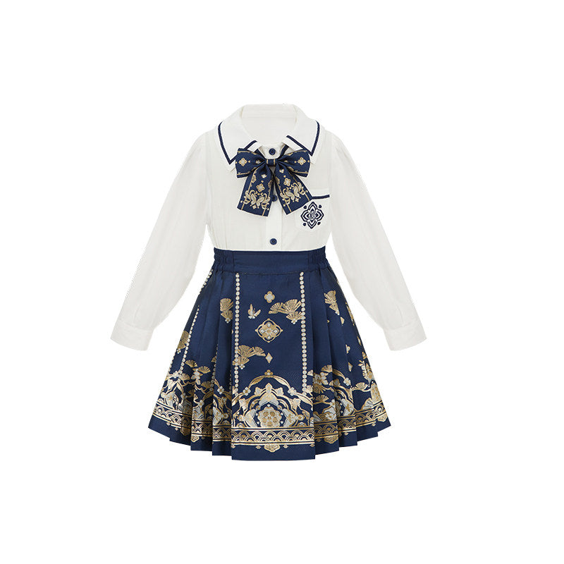 女童学院风汉服套装 - 金织马面裙 & 短上衣