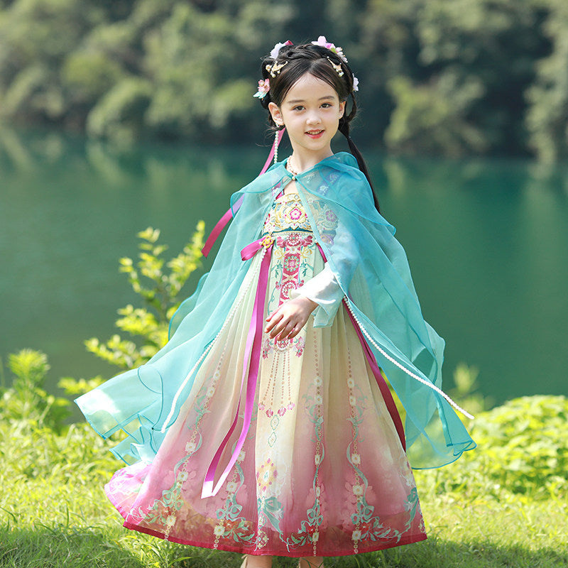 Wodan Mountain Girls' Guofeng Set | Gradient Dress & Cape